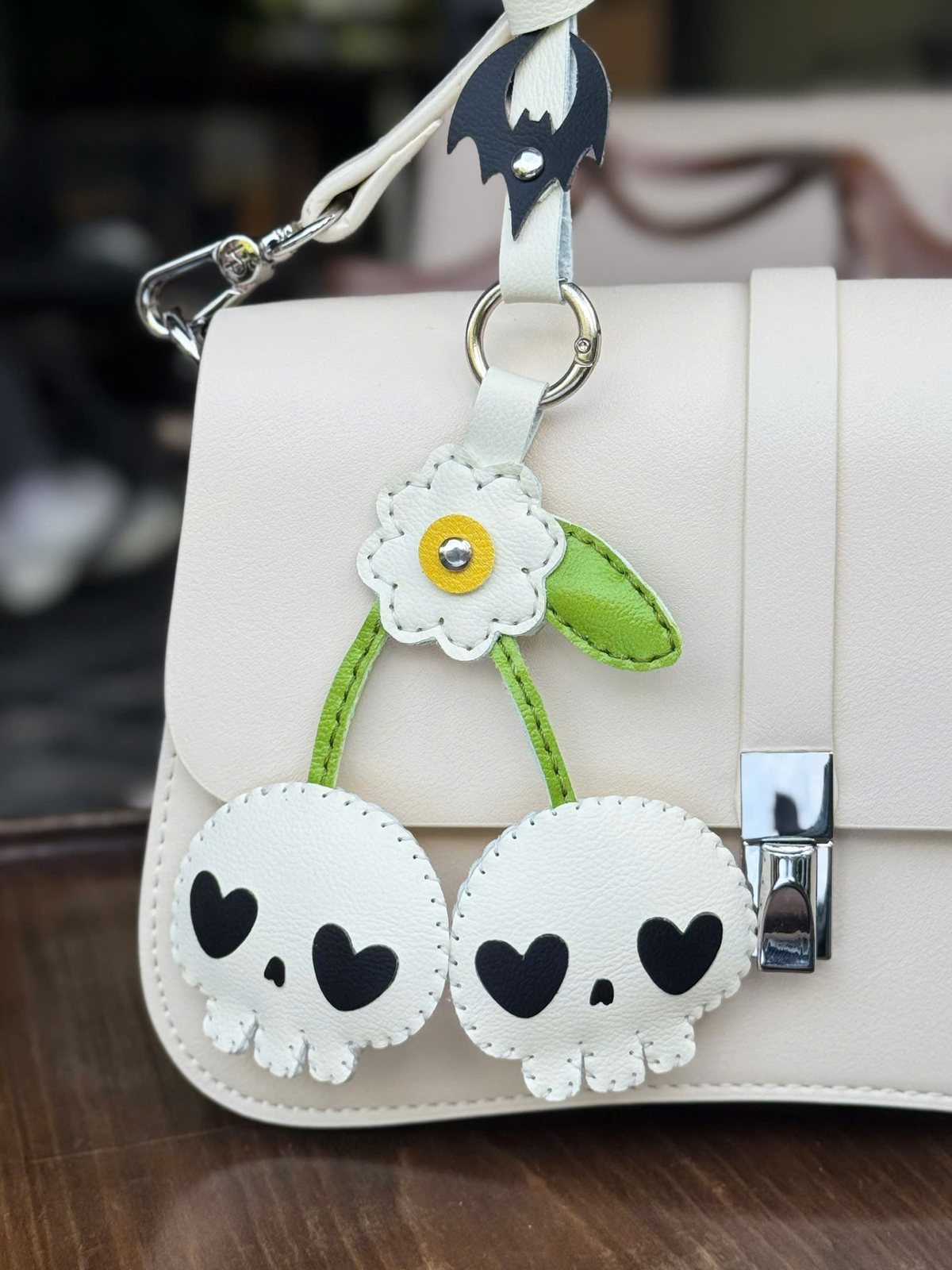 Skull Cherries leather charm detail
